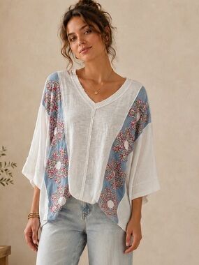 Blue Velvet Gauzy V-Neck Top with Blue Floral Panels